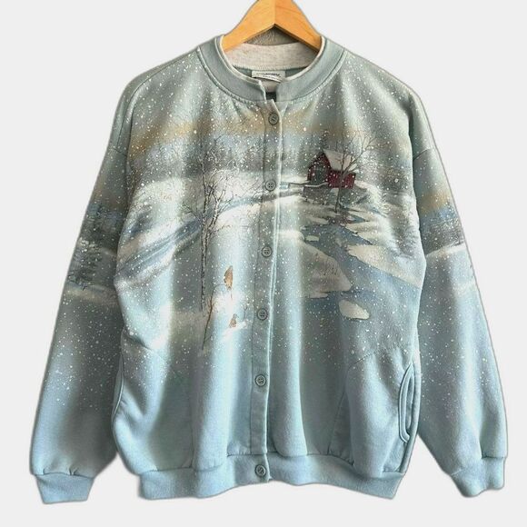 Vtg Winter Sweater Button Up Blue Snow Wraparound Graphic Granny Top Artisans Lg - Picture 1 of 9